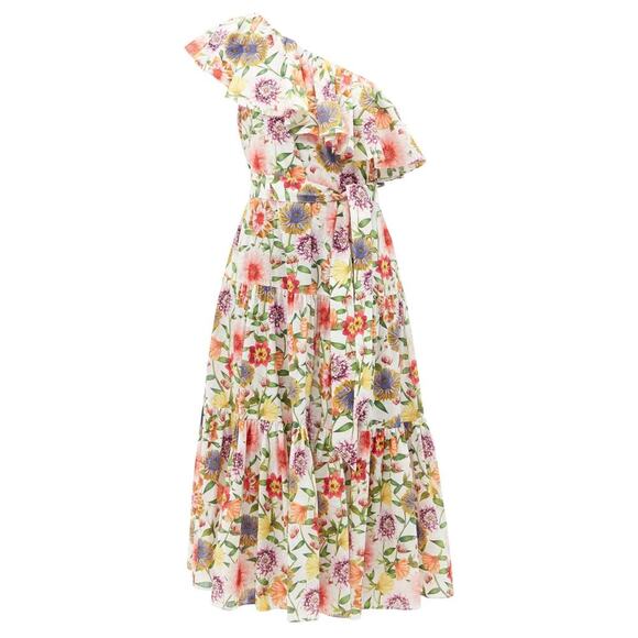 BORGO DE NOR Petra One Shoulder Ruffle Midi Linen Floral Dress Tuckernuck Small - Picture 3 of 15
